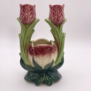 Vtg Ceramic‎ Pink Tulip Flower Double Bud Vase Candle Holder MCM Japan Unique